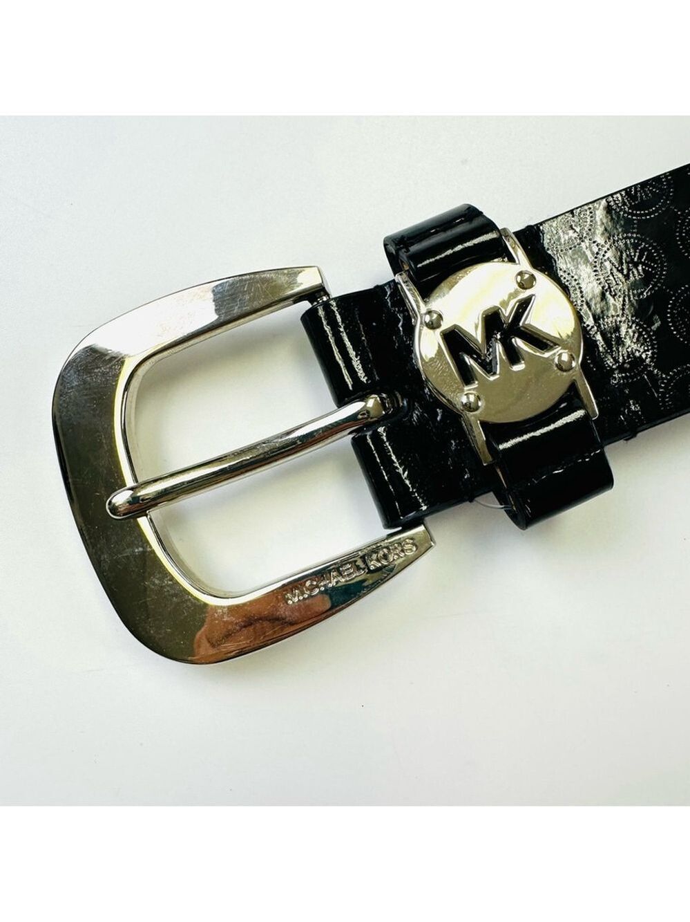 Michael Kors black jacquard logo print womens belt silvertone buckle